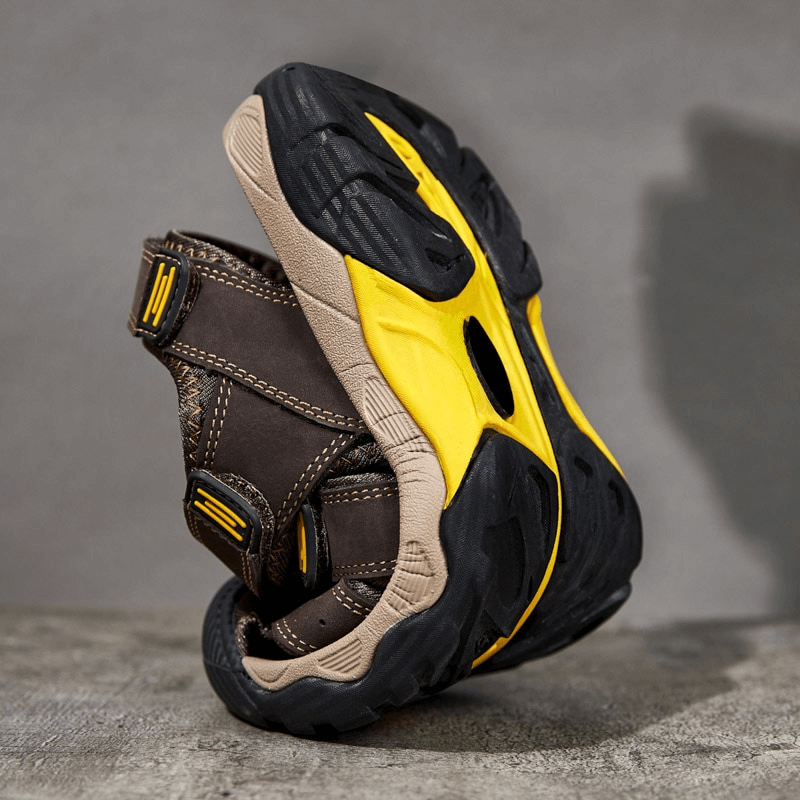 Stylish tactical leather men's closed toe sandals with durable split leather upper and adjustable Velcro, SF1102 model.