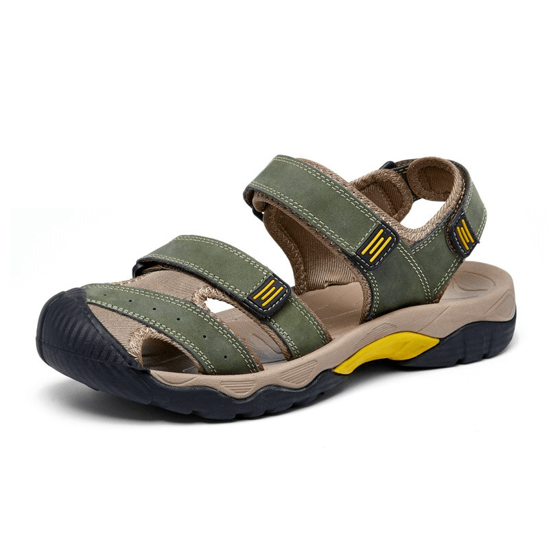 Stylish tactical leather men's closed toe sandals with adjustable Velcro SF1102, featuring durable split leather and latex insole.
