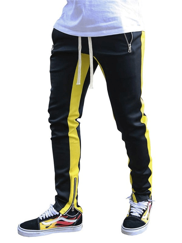 Men's stylish two-tone sports jogging pants with zipper pockets in black and yellow, featuring a drawstring and secure fit - SF1133