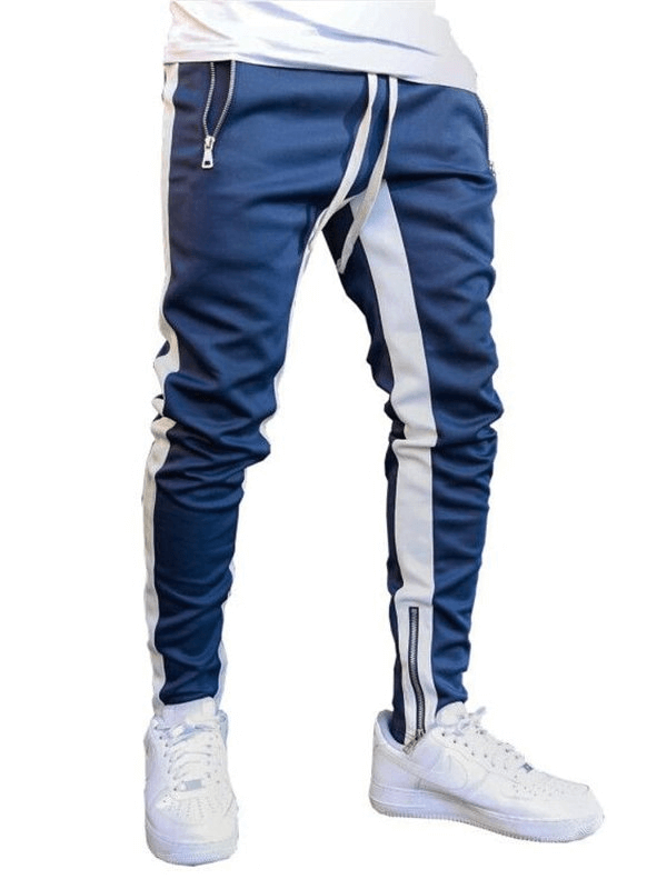 Stylish two-tone men's jogging pants with zipper pockets and drawstring closure in blue and white, ideal for running - SF1133