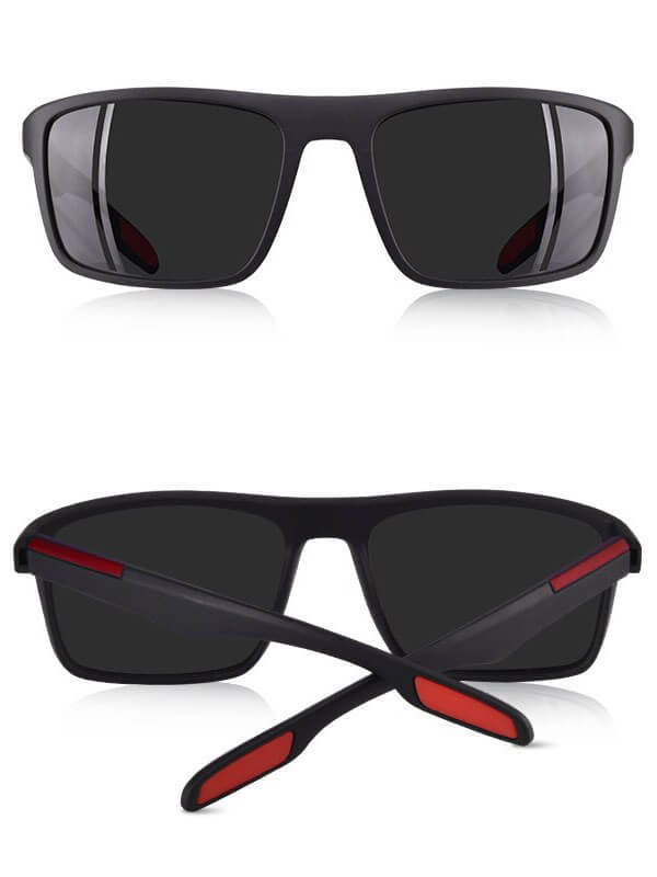 Stylish ultralight square-framed sunglasses for men, black TR90 frame with red accents, UV protection TAC lenses, front and back view