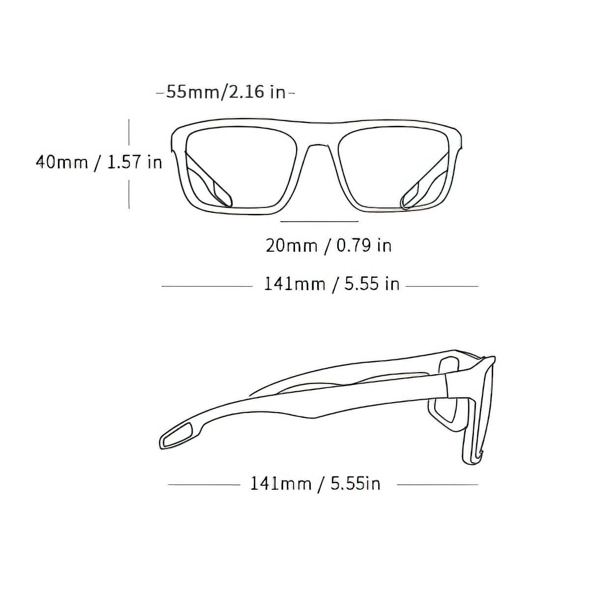 Diagram of square-framed sunglasses dimensions: 55mm width, 40mm height. Complete measurements include 20mm bridge, 141mm temple length.
