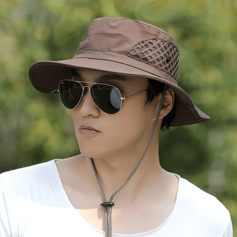 Alt Tag: Unisex breathable sun hat with adjustable brim in brown, ideal for outdoor activities and maximum sun protection.