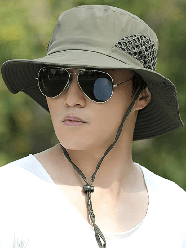 Unisex breathable sun hat with adjustable brim SF0596, perfect for outdoor activities, shown on model wearing sunglasses.