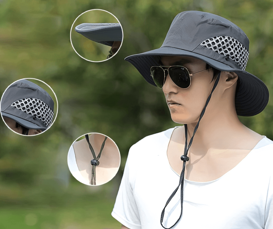 Stylish unisex breathable sun hat with adjustable brim showcased outdoors, featuring a cool mesh design for maximum sun protection and comfort.