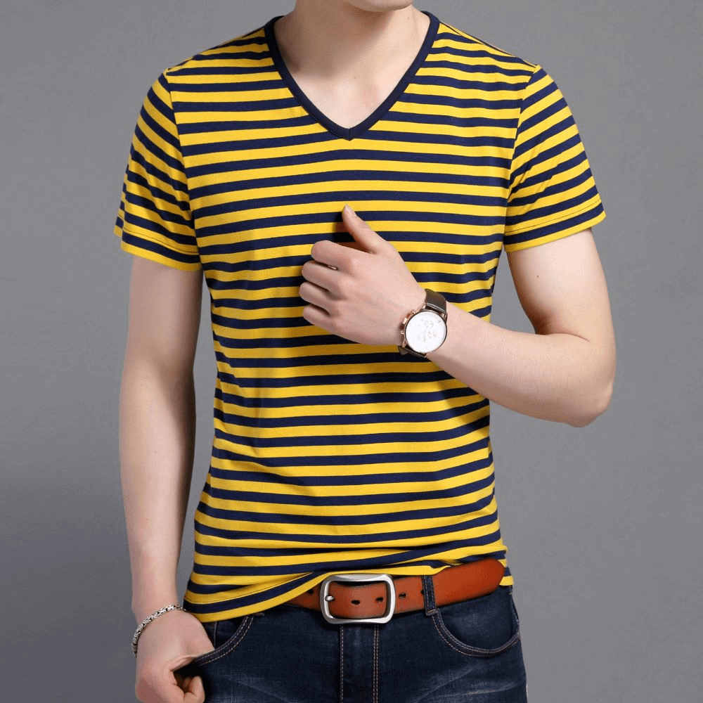 Man wearing a stylish V-neck striped short sleeves tee shirt in black and yellow, perfect for modern sports fashion, SF1066 model.