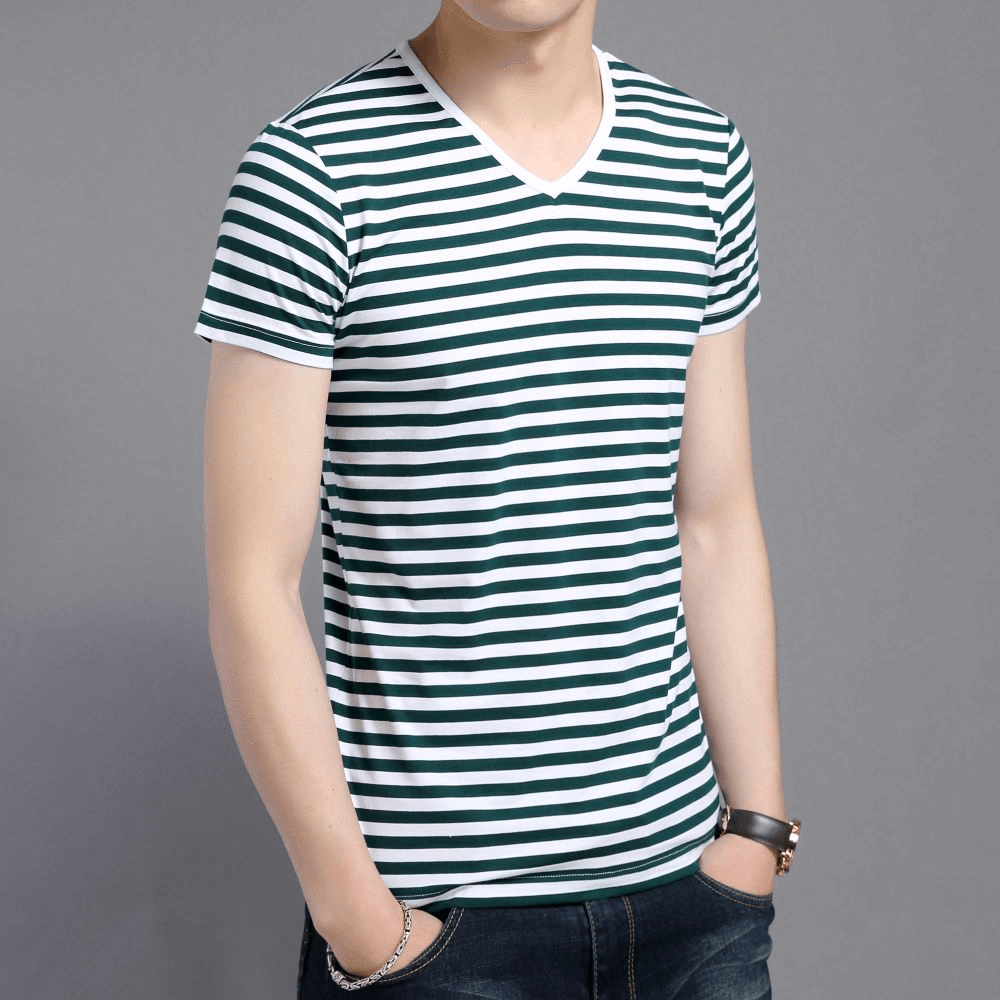 Men's stylish V-neck striped short sleeves tee shirt, black and white, perfect for sports and casual wear, SF1066.