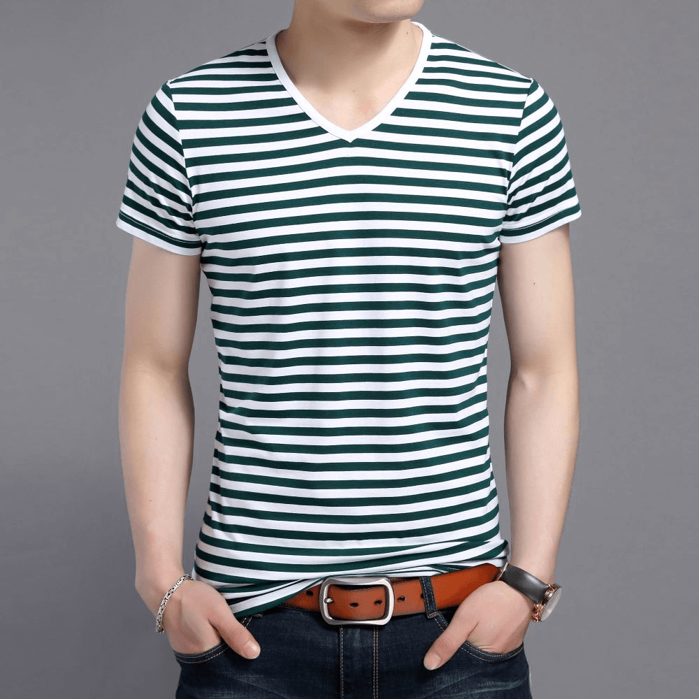 Stilvolles, gestreiftes, kurzärmliges T-Shirt mit V-Ausschnitt / Sportbekleidung für Herren – SF1066 