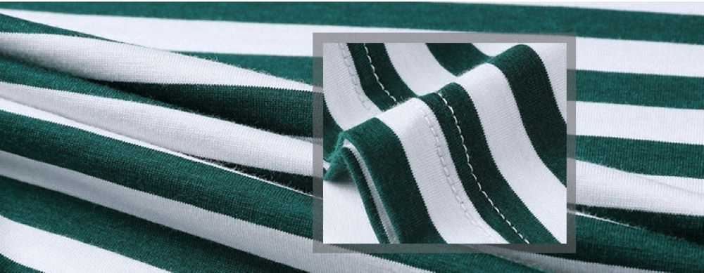 Close-up of green and white stripes on stylish men's V-neck sports tee shirt