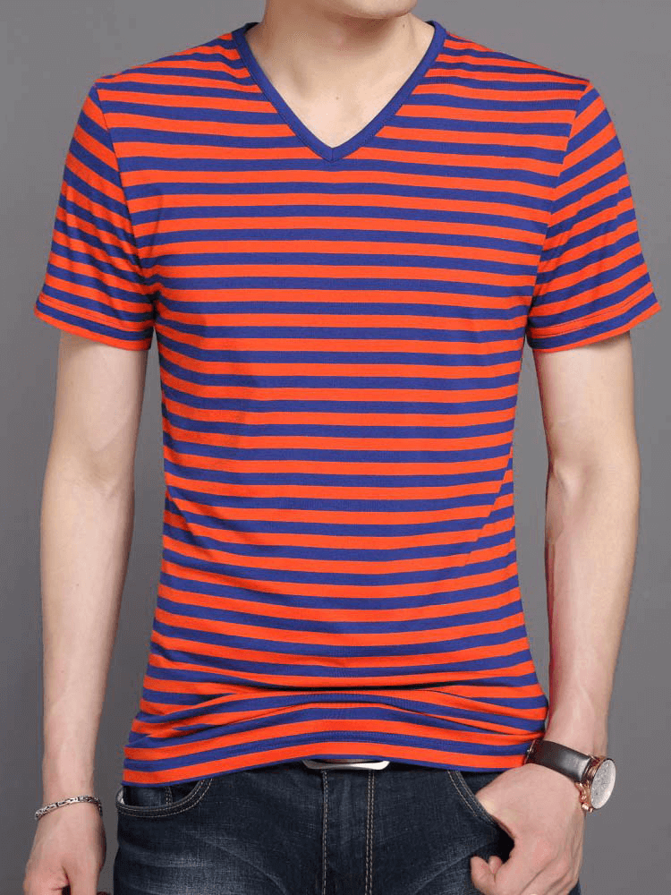 Men's stylish V-neck striped tee shirt with short sleeves, perfect for sports and casual wear. Cotton blend for comfort.