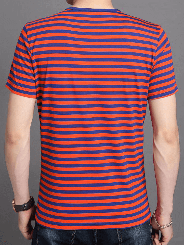 Back view of men's stylish V-neck striped short sleeves tee shirt in red and blue for sports, featuring a modern design.
