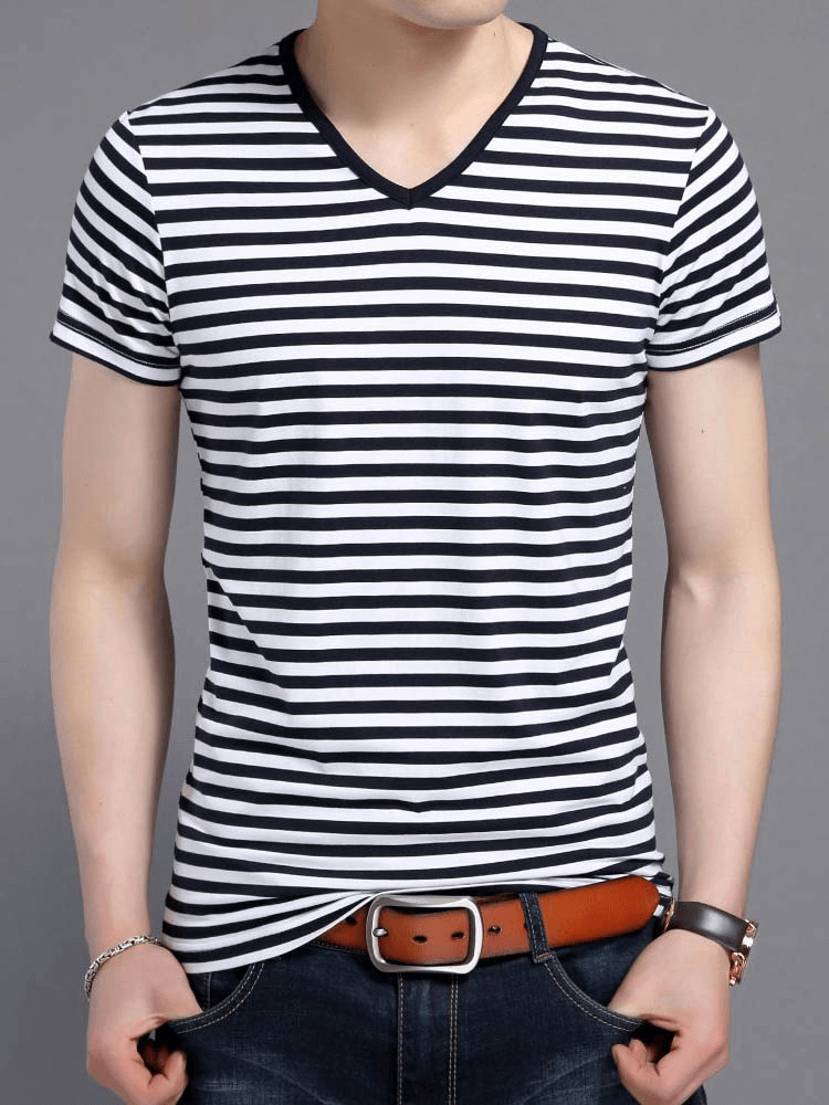 Stylish V-Neck Striped Short Sleeves Men's Tee, perfect blend of cotton, spandex, and viscose for comfort and sporty style.