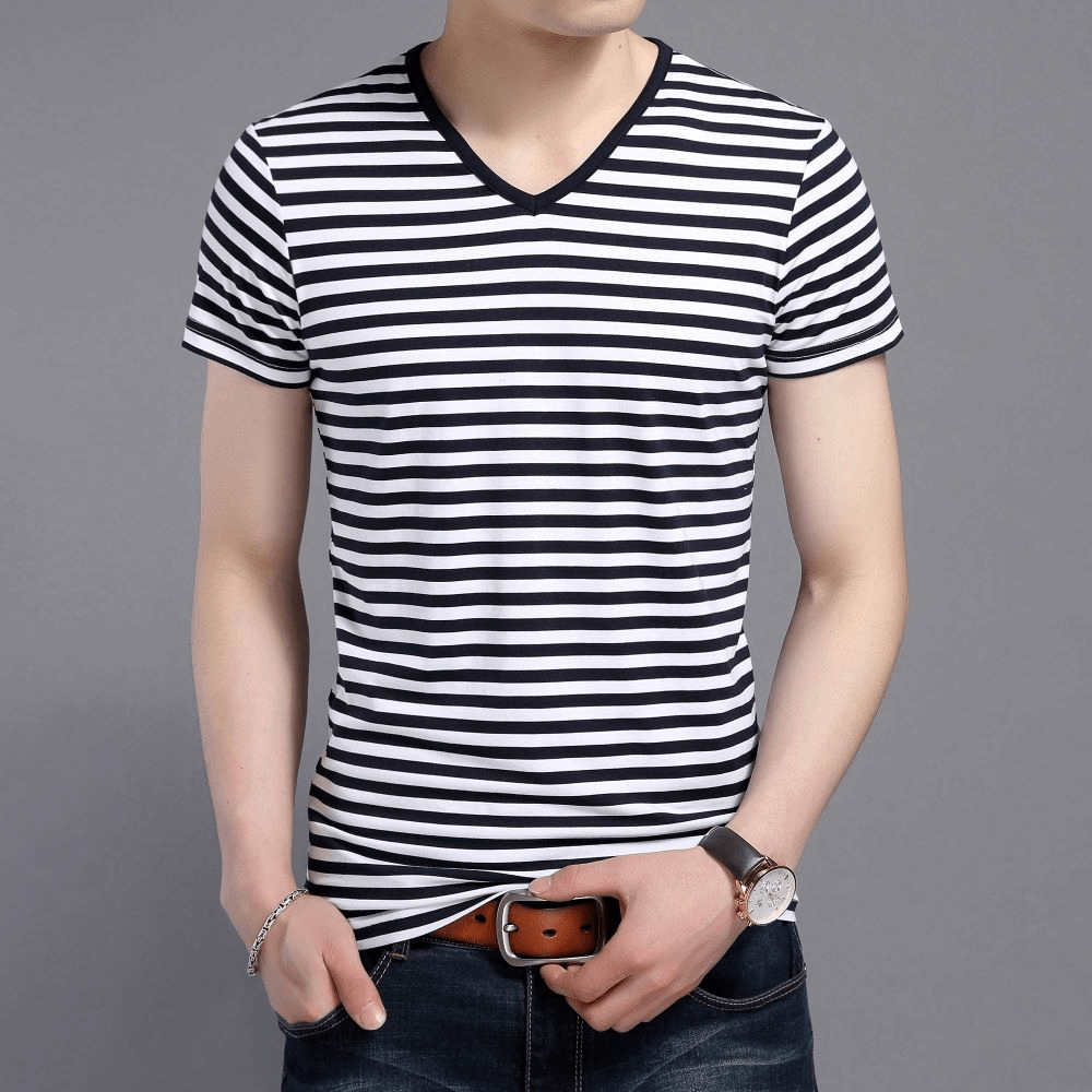 Stylish men's V-Neck striped short sleeves tee shirt, perfect for sports, made with comfortable cotton blend, model SF1066.