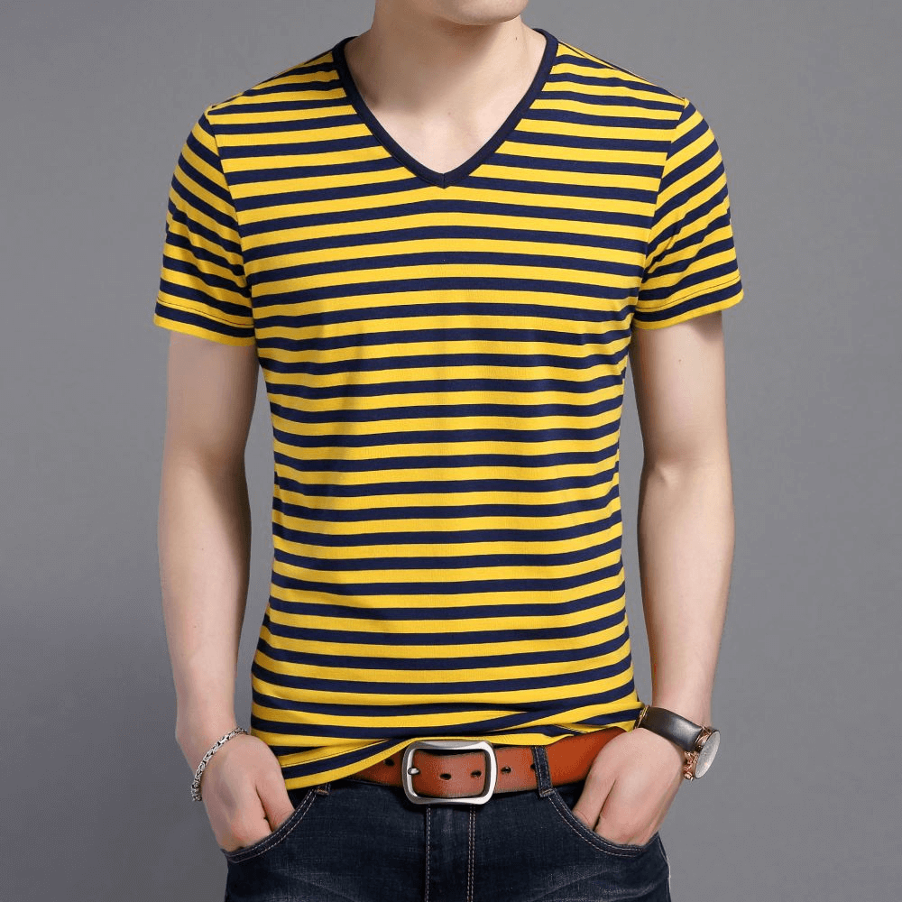 T-shirt élégant à manches courtes rayé à col en V / Vêtements de sport pour hommes - SPF1066 