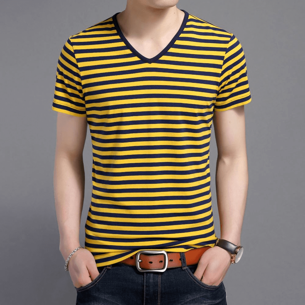 Alt Tag: Stylish V-Neck Striped Tee for Men, Yellow and Black, Short Sleeves, Perfect for Sporty and Casual Looks, SF1066
