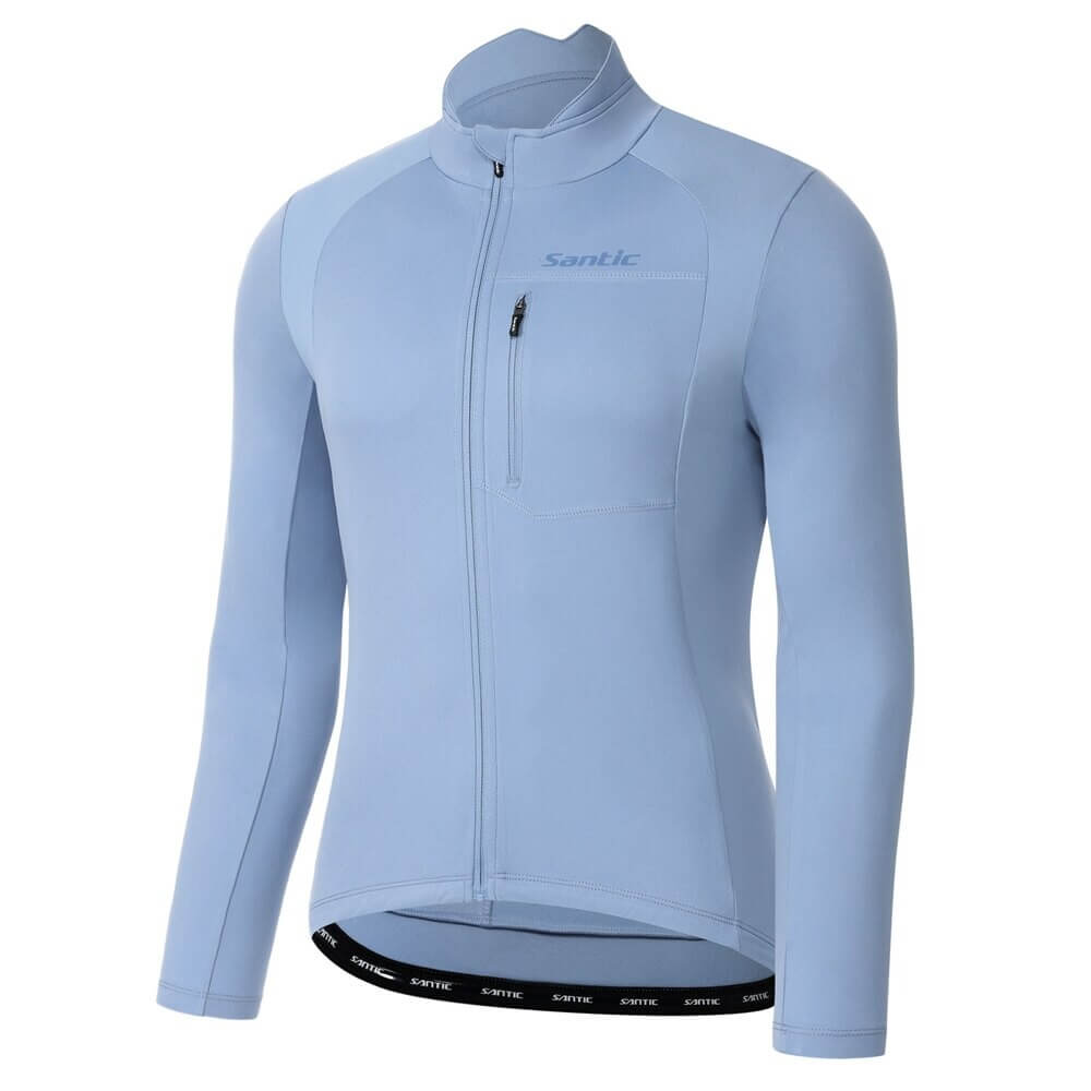 Light blue stylish warm bike jacket for men with high slit pockets, featuring a turn-down collar and windproof, breathable tech. SF0715.