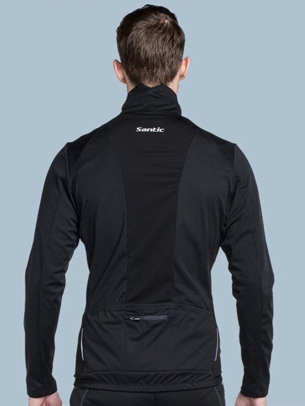 Back view of stylish warm bike jacket for men with high slit pockets and turn-down collar, ideal for cycling. Model SF0715 in black.