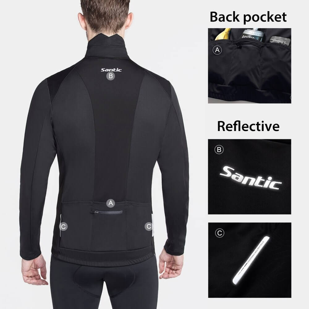 Back view of men's stylish warm bike jacket with reflective logo and pockets, showcasing windproof and breathable features for cycling.