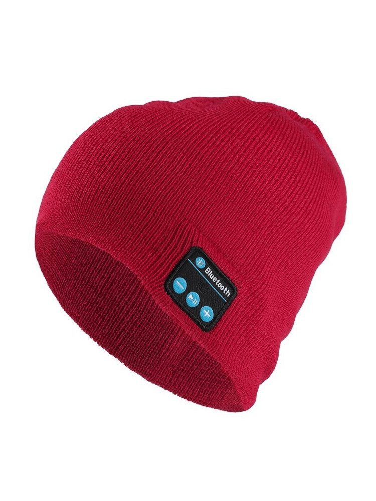 Red unisex sport beanie with built-in wireless headphones for stylish warmth and music on-the-go, featuring windproof polyester fabric.