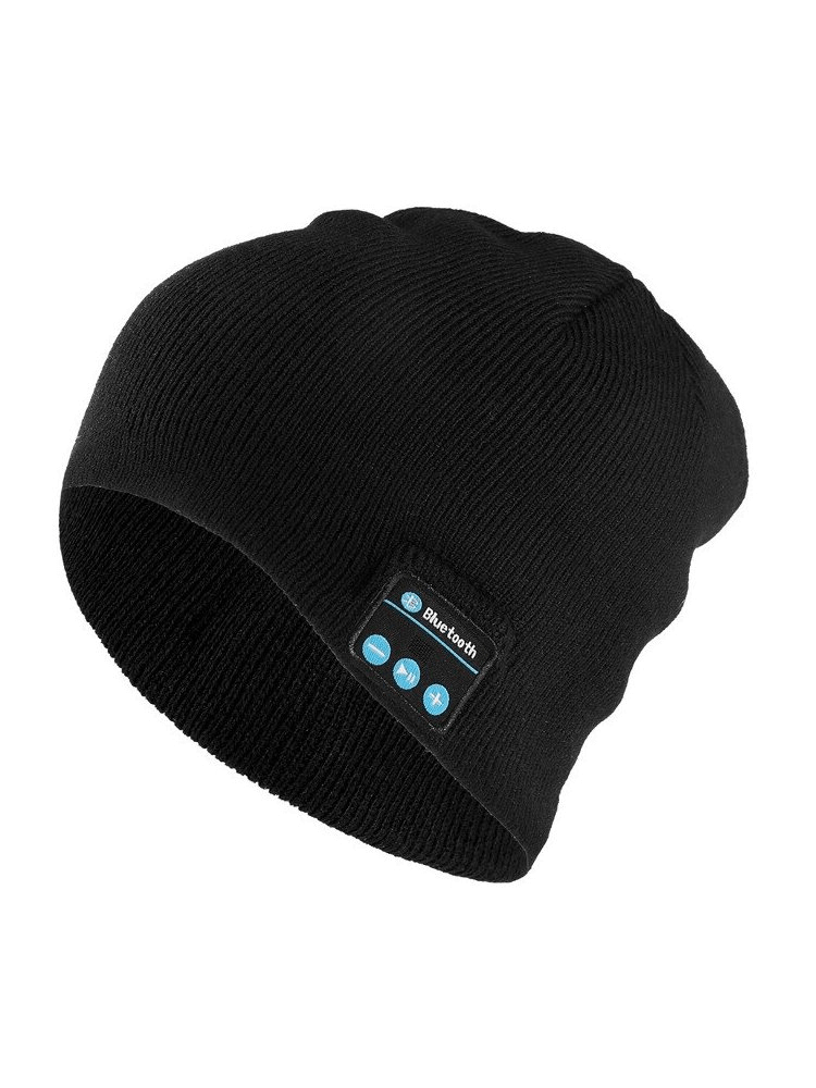 Black unisex beanie with built-in wireless headphones, featuring volume control and dynamic sound for stylish indoor or outdoor use.