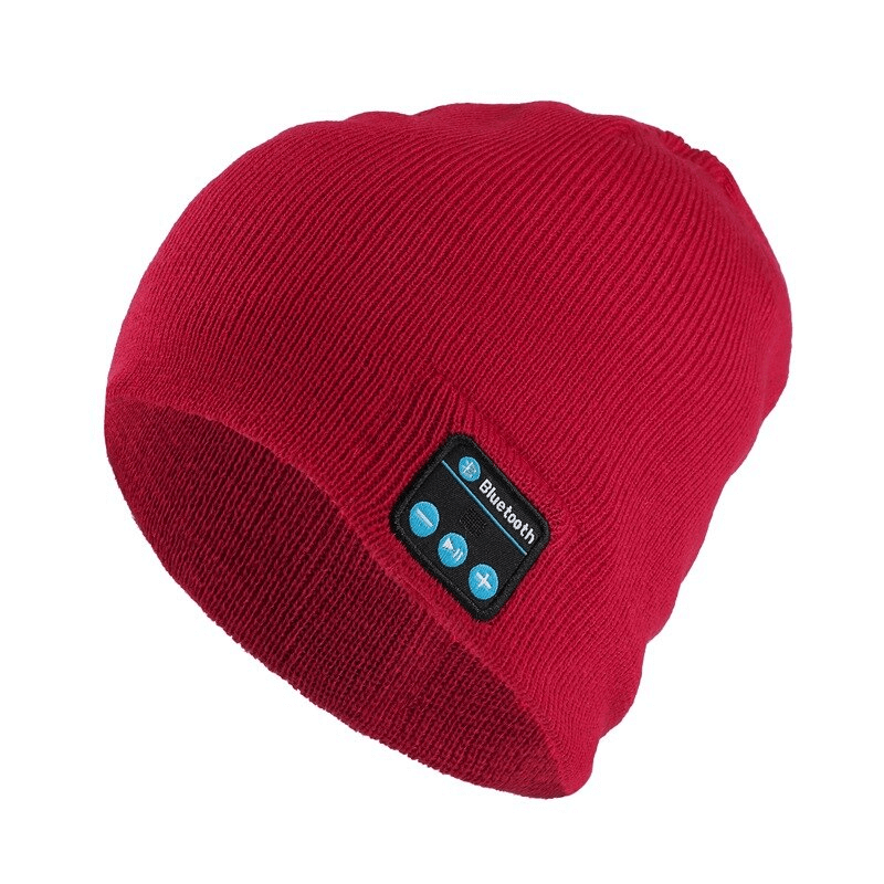 Red unisex sport beanie with built-in wireless headphones and control buttons, perfect for music lovers and outdoor activities.
