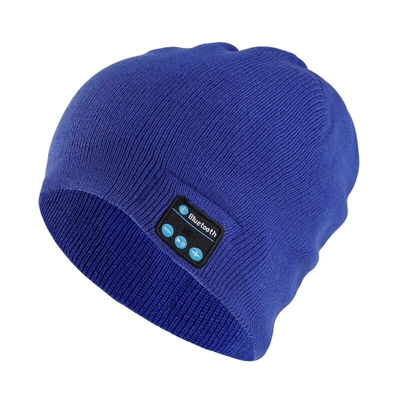 Blue unisex sport beanie with built-in wireless headphones for music, made of windproof polyester and acrylic for outdoor activities.