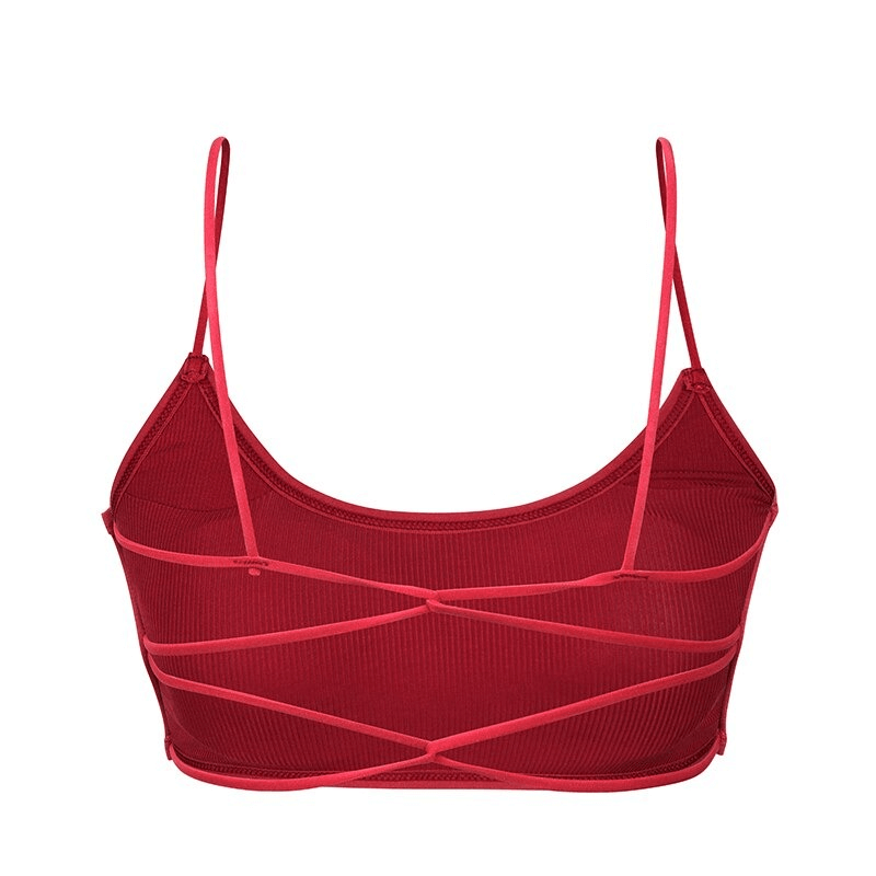 Red stylish wireless women's sports bra with open back, featuring breathable modal material and strappy design for yoga | SF0505