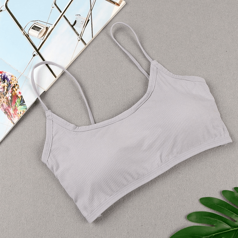 Stylish wireless women's sports bra with open back, ideal for yoga, made of breathable modal material, shown on a flat surface.