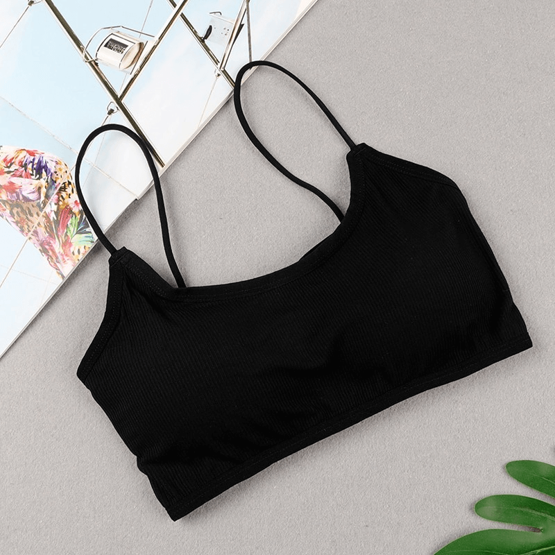 Stylish wireless sports bra with open back in black, ideal for yoga. Breathable modal fabric for A-B cup sizes. SF0505.