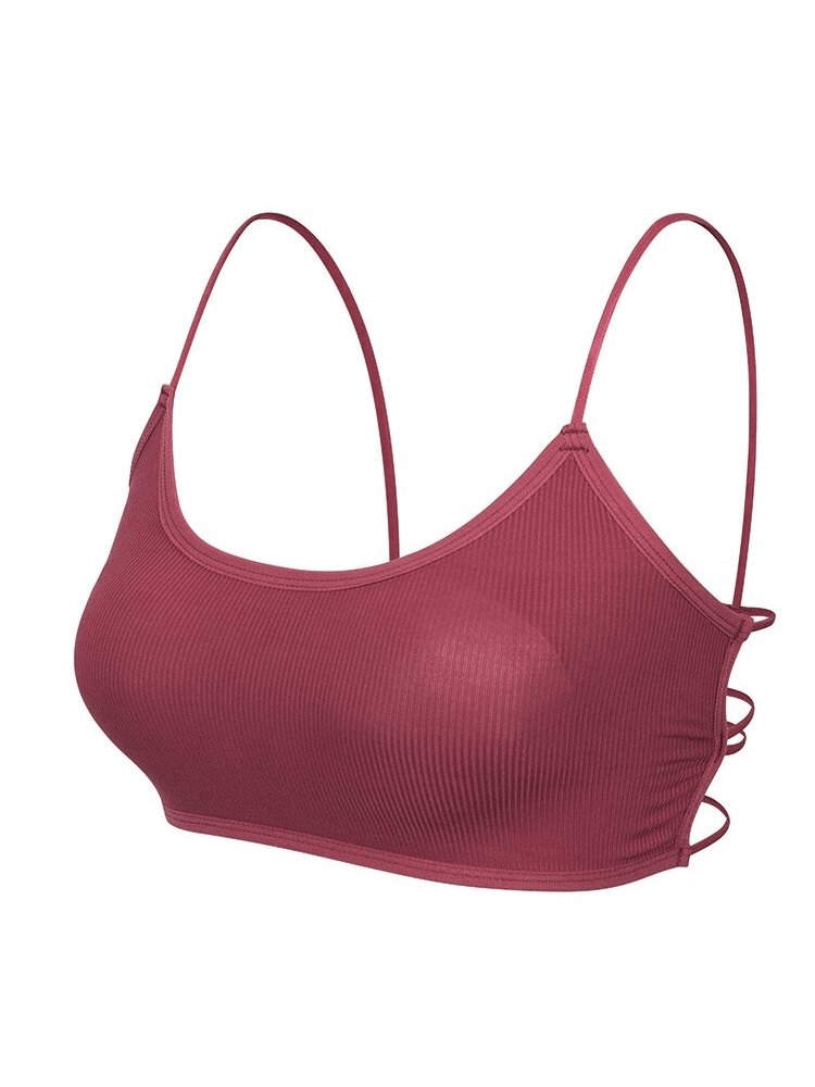 Stylish wireless sports bra with open back in burgundy, perfect for yoga and activities. Comfortable fit for A-B cup sizes, breathable material.