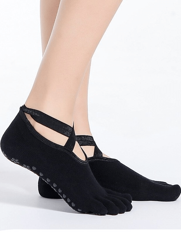 Stylish women's anti-slip split toe sports socks, perfect for yoga and fitness, featuring breathable nylon and antibacterial properties.
