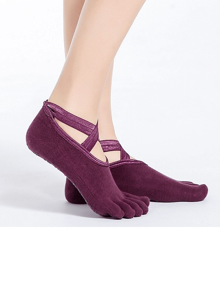 Stylish women's anti-slip sports socks with split toes in purple, perfect for yoga, dance, and fitness activities.