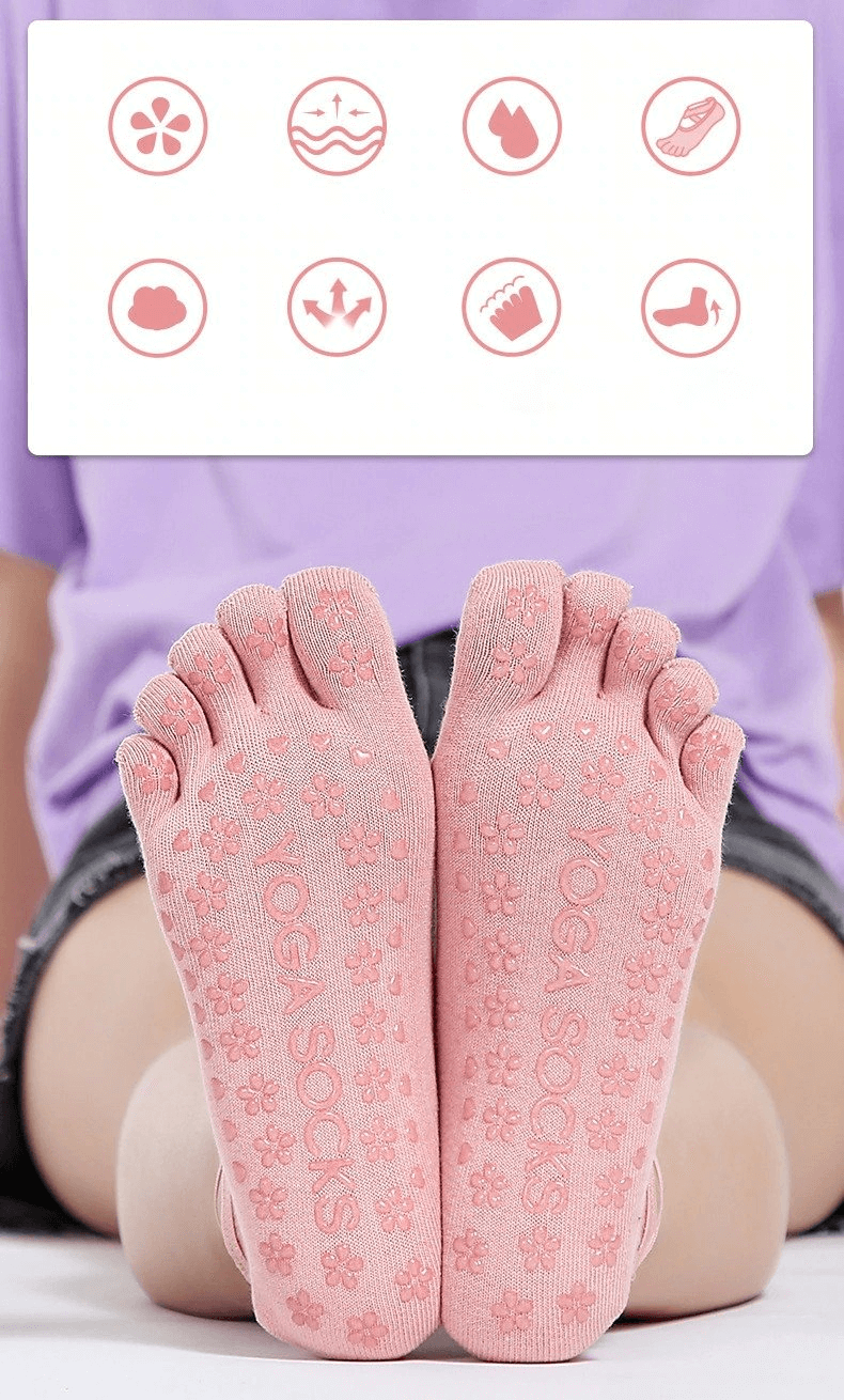 Pink women's anti-slip split-toe sports socks, perfect for yoga, dance, and fitness with stylish grip design and breathable fabric.
