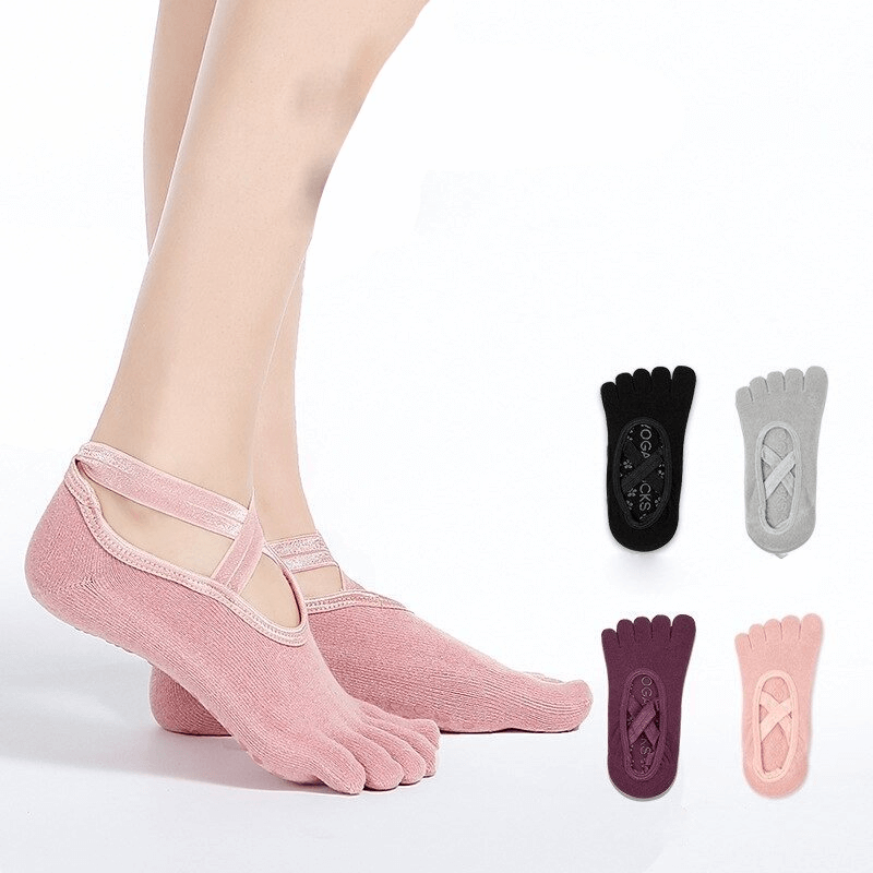 Pink stylish women's anti-slip sports socks with split toes for yoga and fitness, featuring antistatic and antibacterial properties.