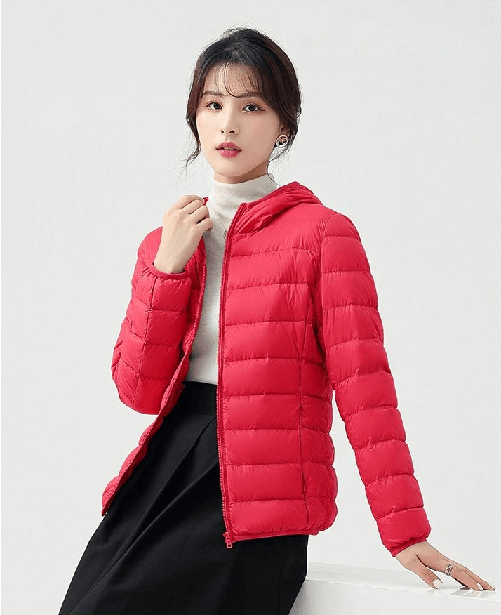 Woman wearing red stylish down jacket with hood, perfect for outdoor activities with windproof and waterproof features, model SF0108.