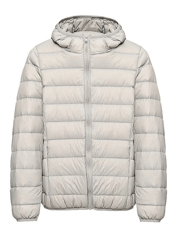 Light grey women's down jacket with hood, windproof and waterproof, perfect for outdoor activities and optimal warmth.