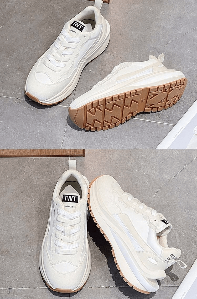 Stylish women's everyday sports sneakers with platform, suede uppers, mesh lining, lace-up closure, shown from top and side view.