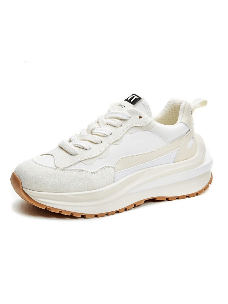 Stylish women's everyday white sports sneaker with platform, featuring suede uppers, mesh lining, and a 3-5cm heel for comfort.