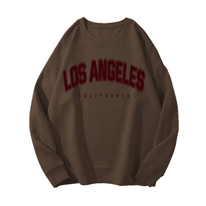 Brown women's sweatshirt with "Los Angeles California" print, featuring an o-neck collar and full sleeves for cozy, stylish comfort.