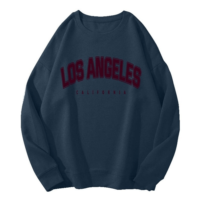 Dark blue women's letter graphic print sweatshirt with 'Los Angeles California', warm loose fit fleece with o-neck and full sleeves.