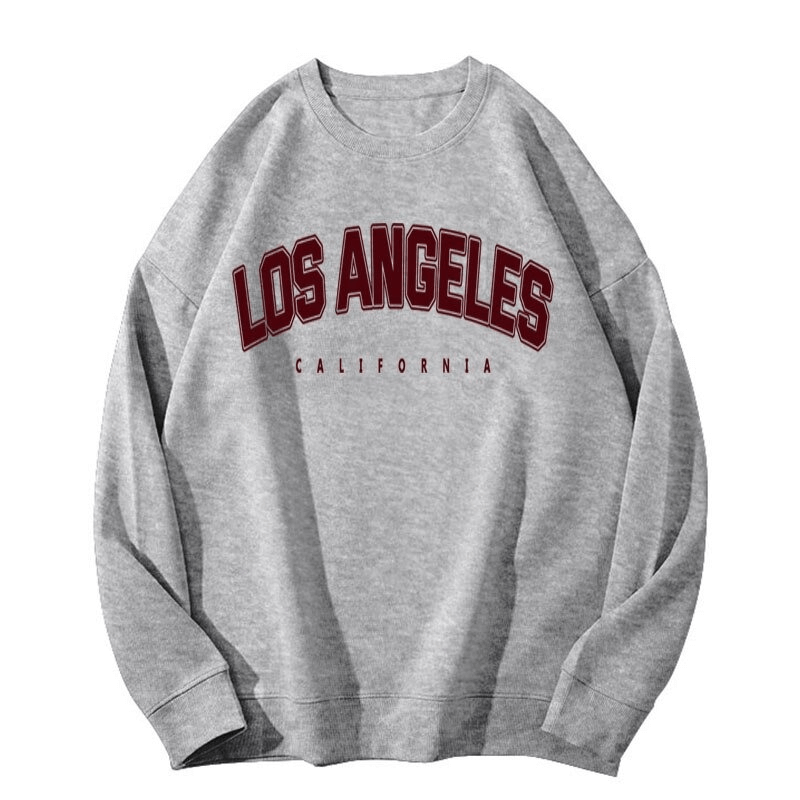 Stylish women's grey sweatshirt with 'Los Angeles California' graphic print, warm fleece, loose fit, o-neck, perfect for cozy comfort.