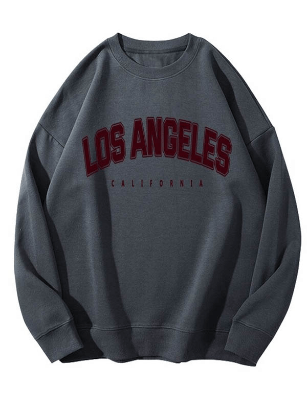 Stylish women's letter graphic print sweatshirt with 'Los Angeles California' design, warm and loose-fit in natural fiber material.