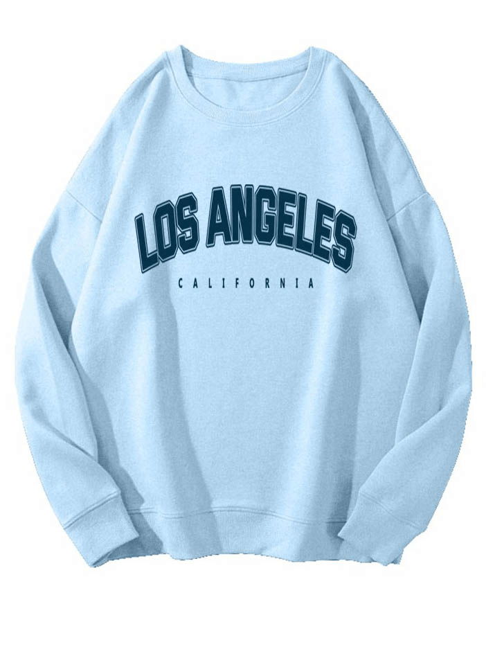 Light blue women's letter graphic sweatshirt with 'Los Angeles California' print, featuring a cozy, loose fit with full sleeves and o-neck style.