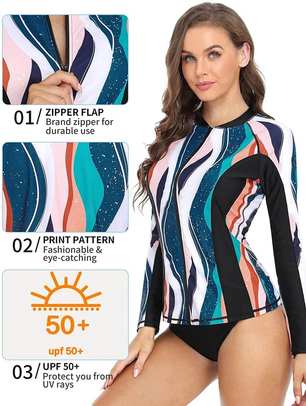 Model wearing stylish women's rashguard top with zipper, colorful print; UV protection 50+. Ideal for swimming and activewear.