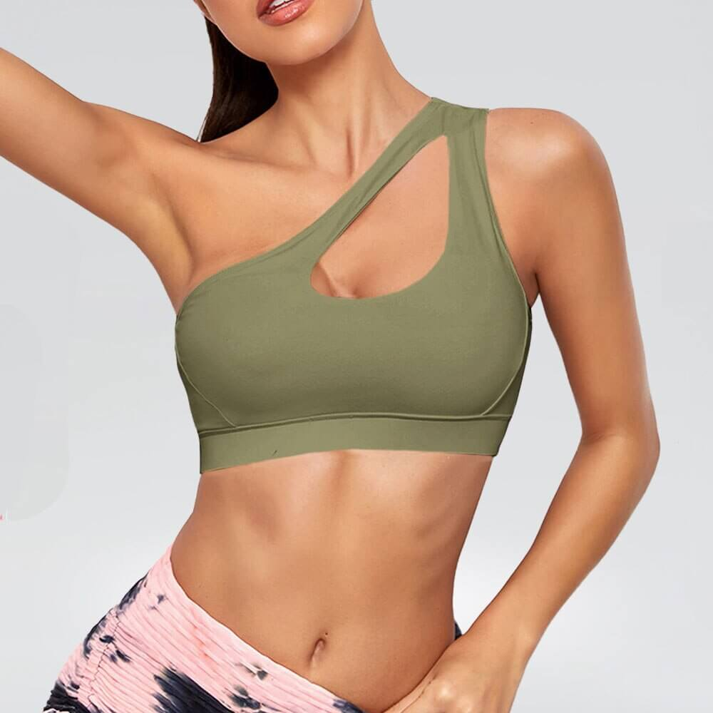 Stylish olive green one-shoulder sports bra for women, perfect for fitness and comfort, made with breathable spandex and nylon.