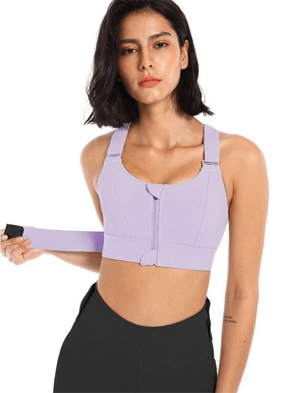 Stylish Women's Shockproof Sports Bra in purple with adjustable fastening, offering comfort and support for fitness, model SF0445.
