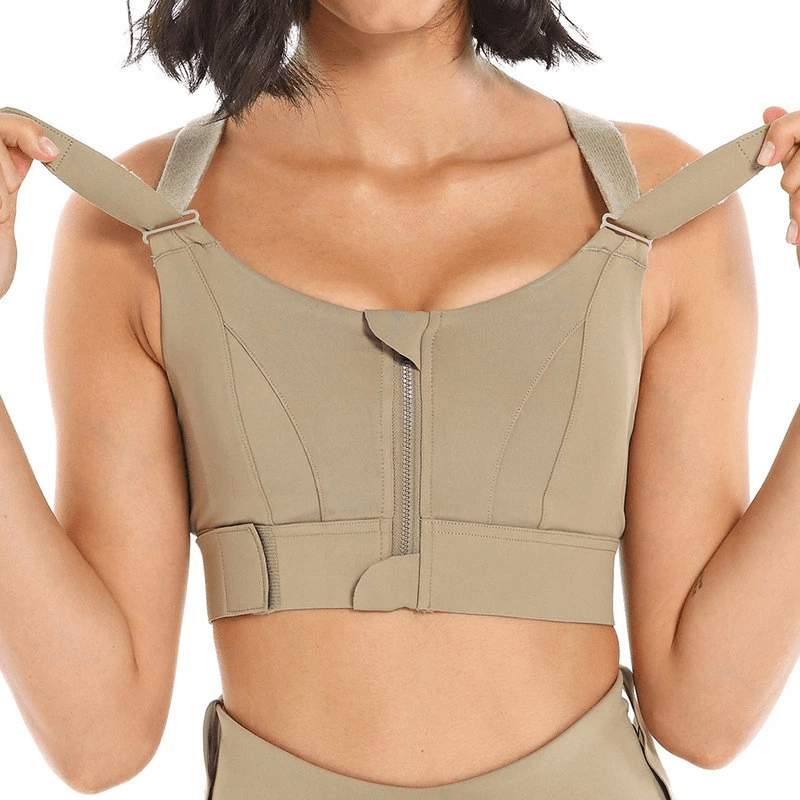 Stylish Women's Shockproof Sports Bra with adjustable straps, breathable fabric, and a secure front zip closure - SF0445.