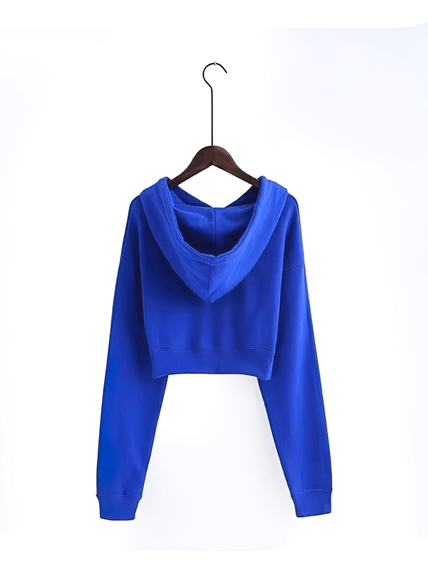 Back view of a blue women's cropped sports hoodie with long sleeves and cuffed design hanging on a hanger.