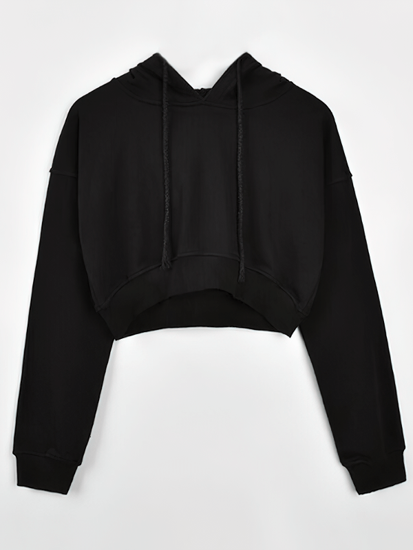 Stylish black women's cropped hoodie with long sleeves, perfect for yoga, fitness, running, and workouts. SF0091 model.