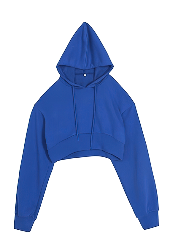 Blue stylish women's cropped sports hoodie with long sleeves and a hood, perfect for yoga, fitness, and workouts, made from breathable fabric.
